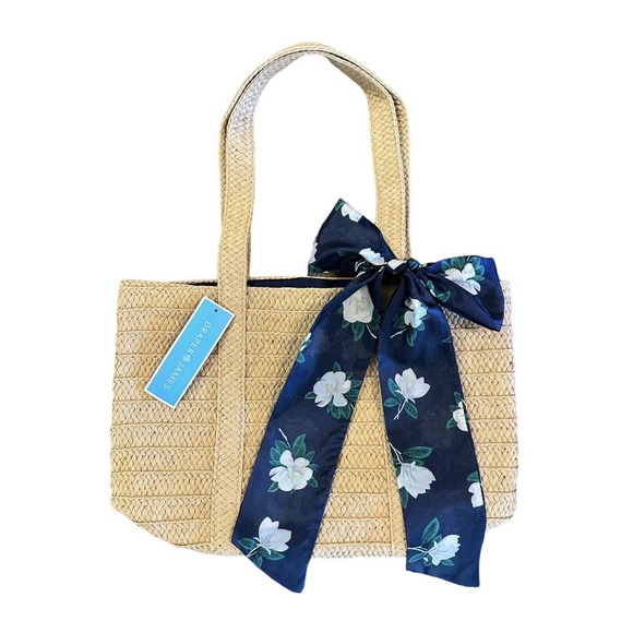 Draper James Handbags - NWT Draper James Everyday Straw Tote Bag With Blue Floral Scarf Lined NEW